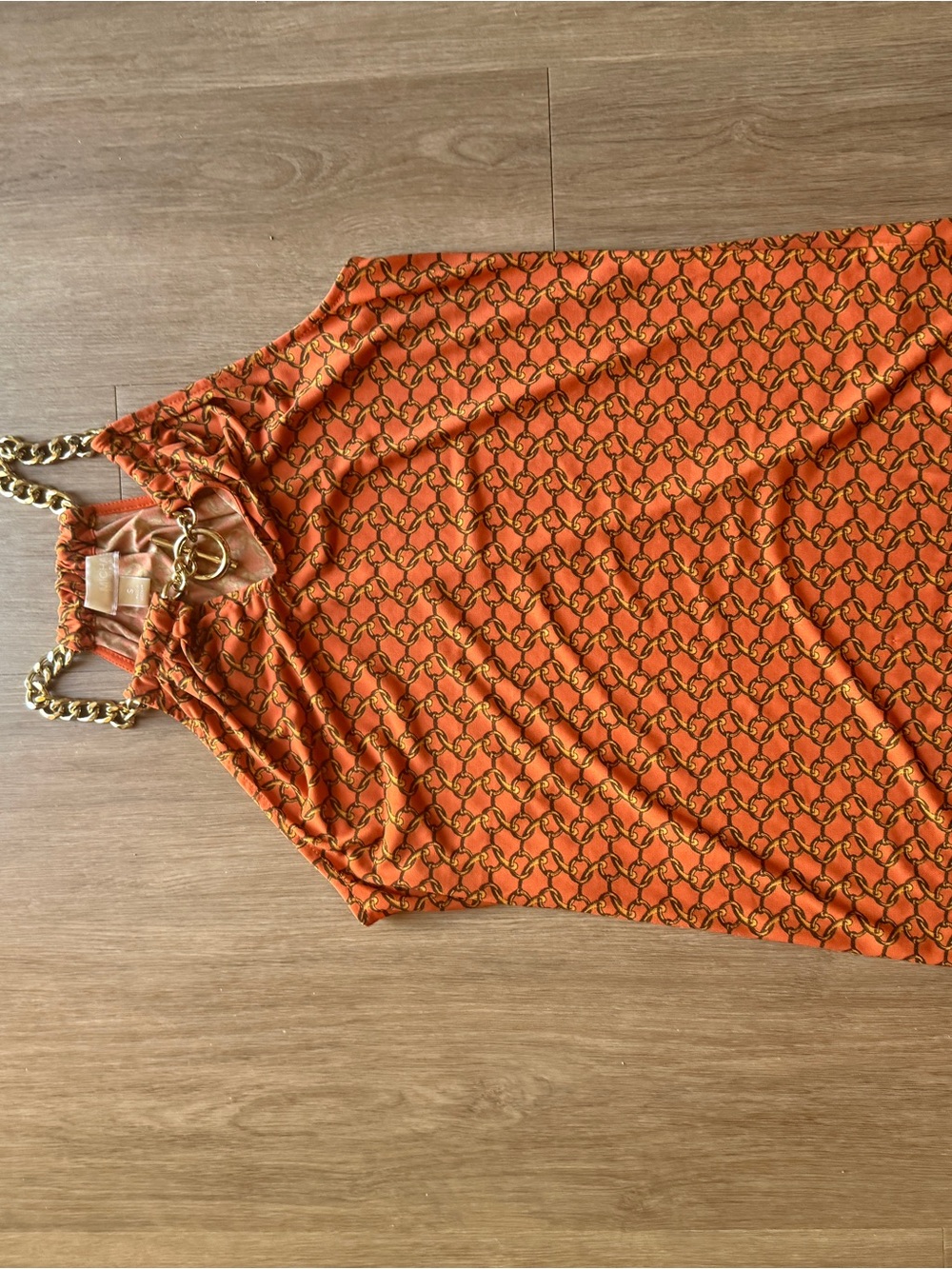 Michael Kors Orange Chain-Link Halter Mini Dress with Gold Straps